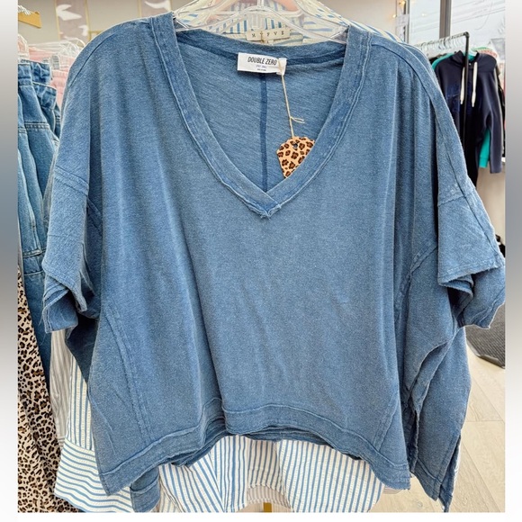 Double Zero Blue V-Neck Short Sleeve Tee - Picture 11 of 13